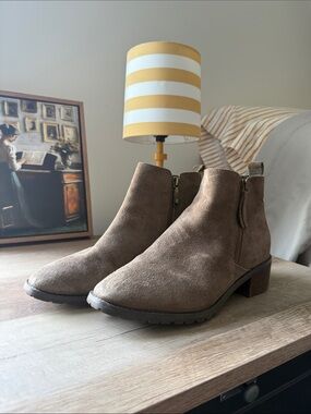 Blondo Taupe Suede Zip Ankle Booties